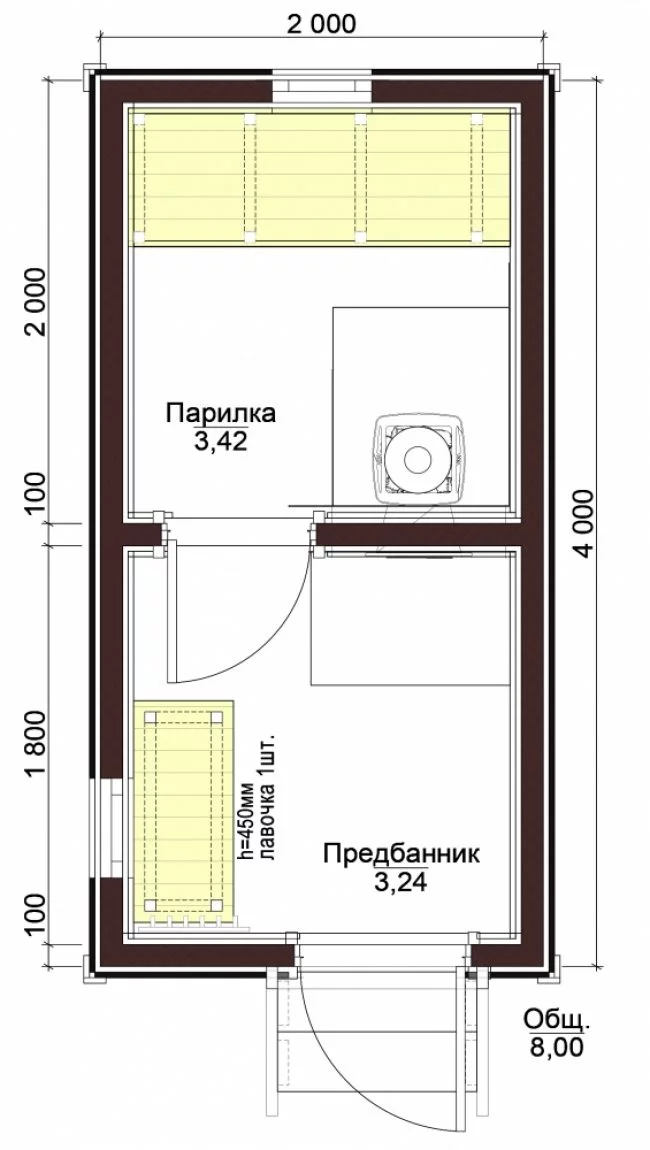 Каркасная баня 2х4, 8 м2, проект КБН-6